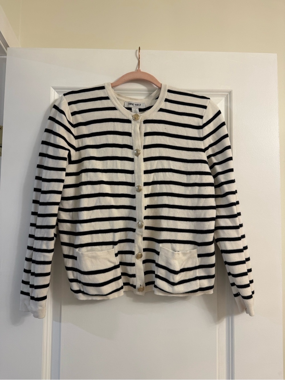 Nine West Black and White Striped Crewneck Jacket
